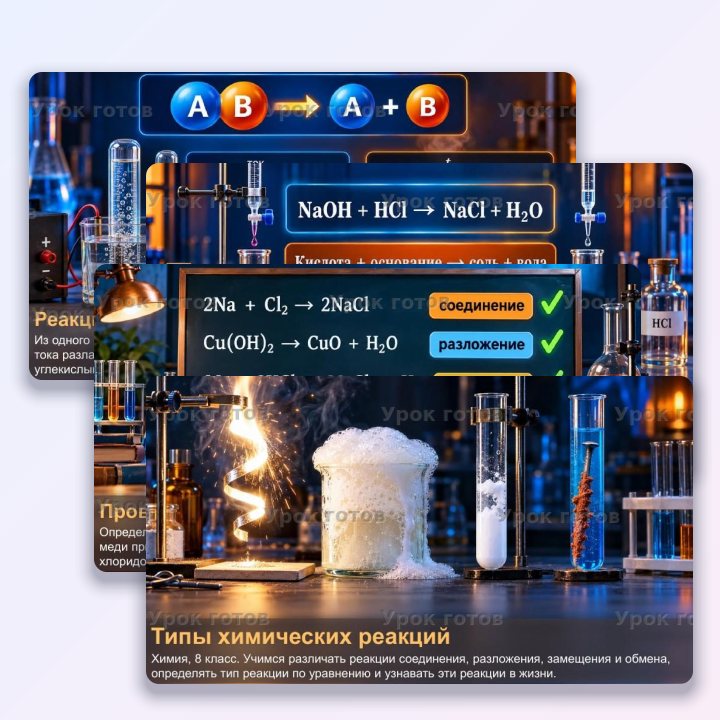 Презентация по химии для 8 класса Типы химических реакций — слайд 1